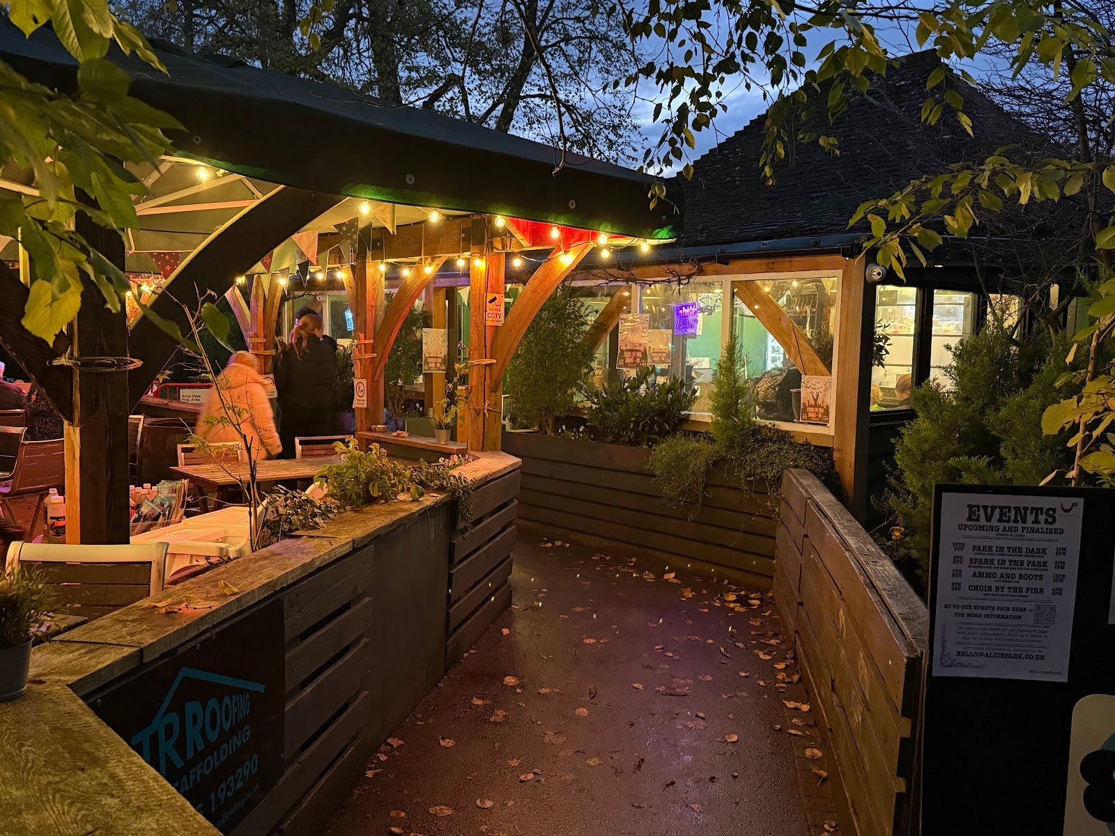 Alice Park Cafe outdoor seating in the evening