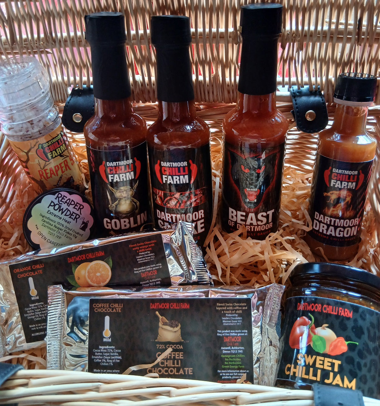 Dartmoor Chilli Farm gift hamper with sauces, chilli chocolate, salt and jam