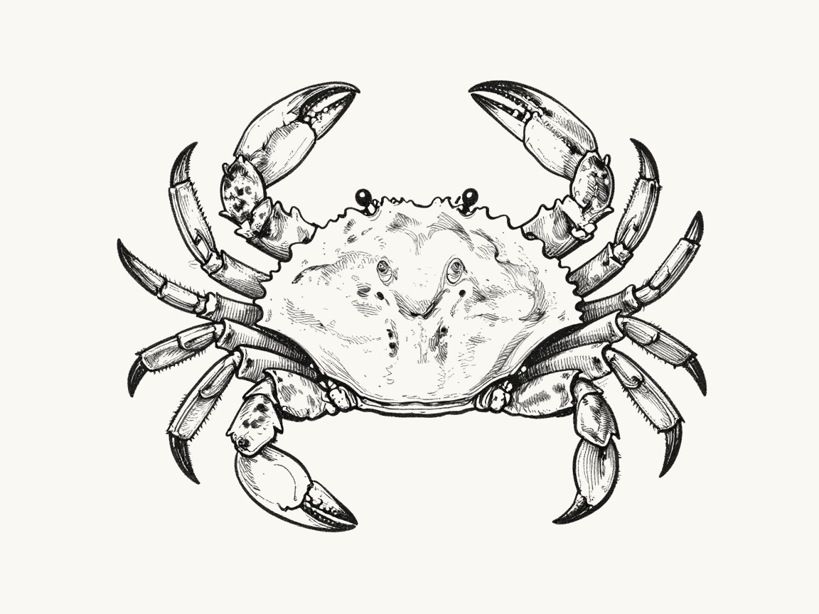 Line art illustration of a brown crab, Cancer pagurus, the species landed by Brixham's potting fleet