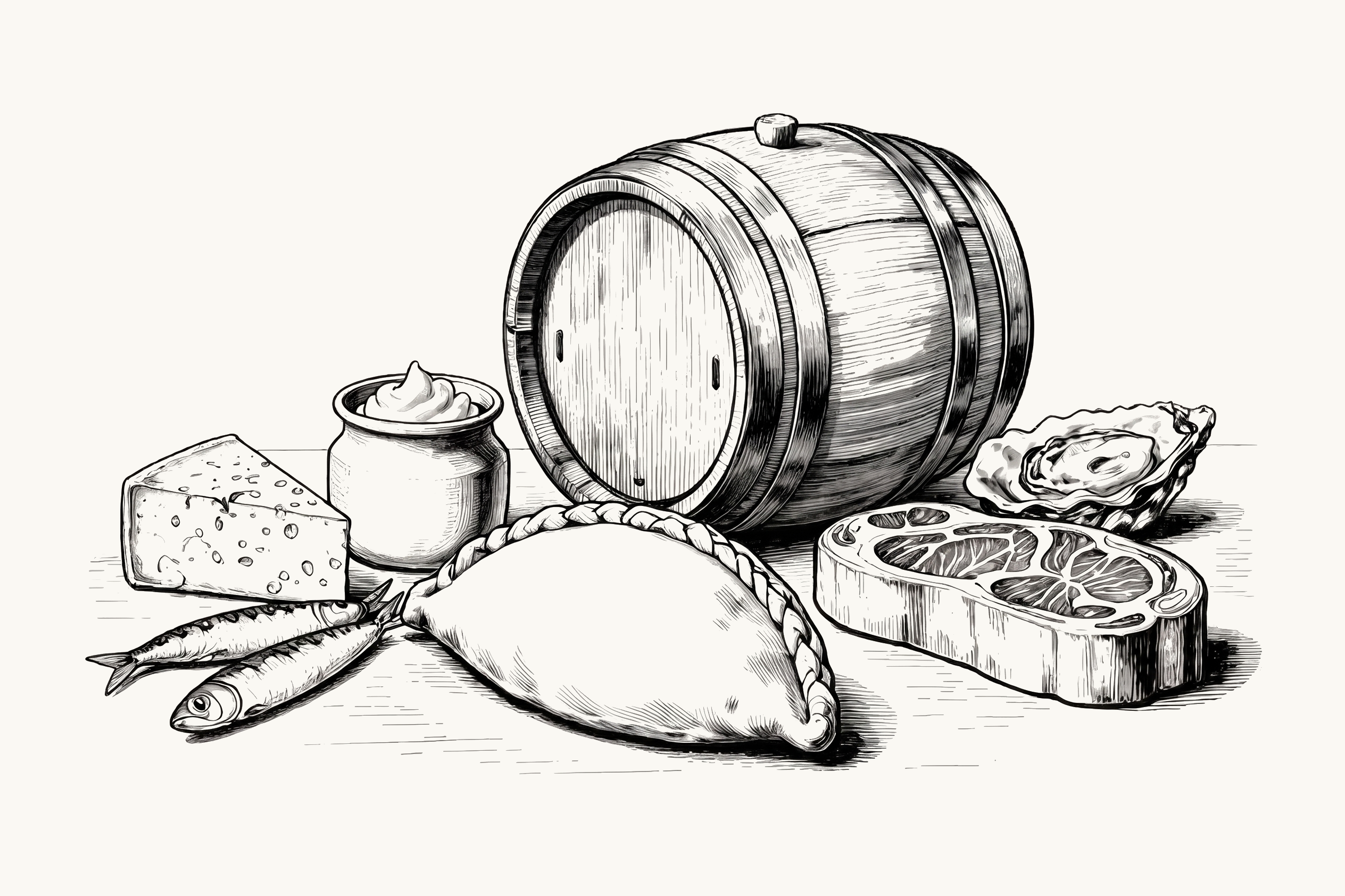 Line art illustration of a West Country spread: a Cornish pasty, clotted cream, sardines, blue cheese, a native oyster, a cask of cider brandy, and a marbled beef steak