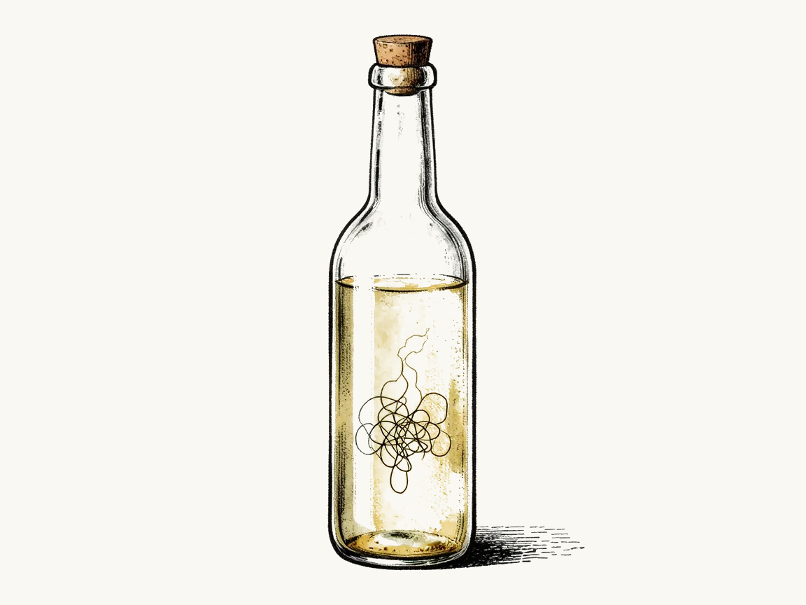 Ink line illustration of a corked glass bottle of unfiltered apple cider vinegar, with the cloudy strand of the mother suspended inside