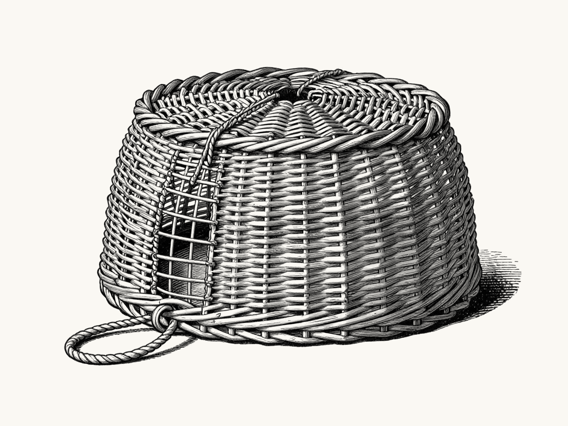 Line art illustration of a traditional woven willow crab and lobster pot, a rounded wicker cage trap with a funnel entrance woven into the side, once used along the South Devon coast