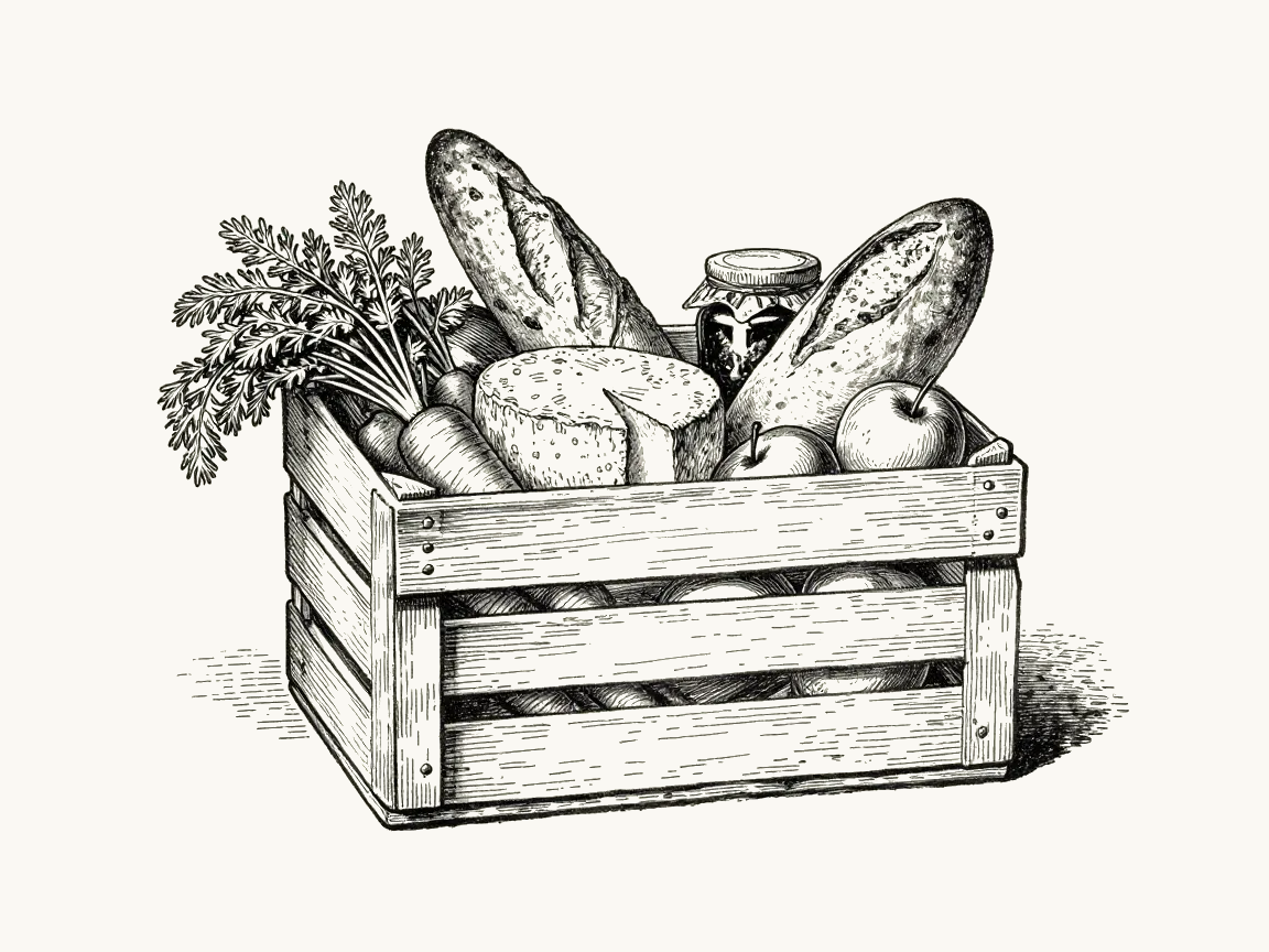 Line art illustration of a wooden farm-shop crate filled with South West produce - a wheel of cheese, a loaf of bread, apples, a bunch of carrots with leafy tops and a jar of preserves
