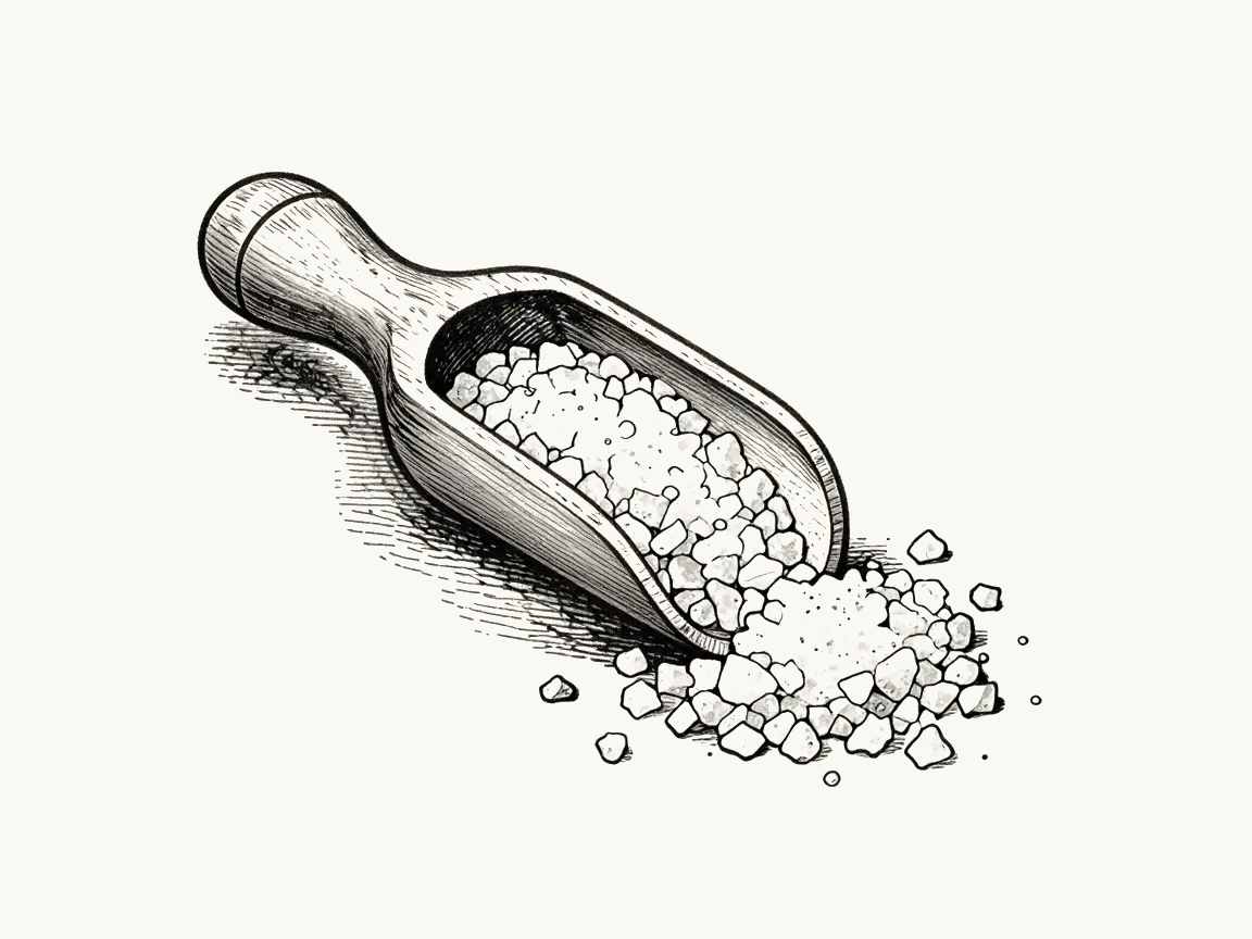 Line art illustration of a wooden scoop overflowing with coarse sea salt crystals