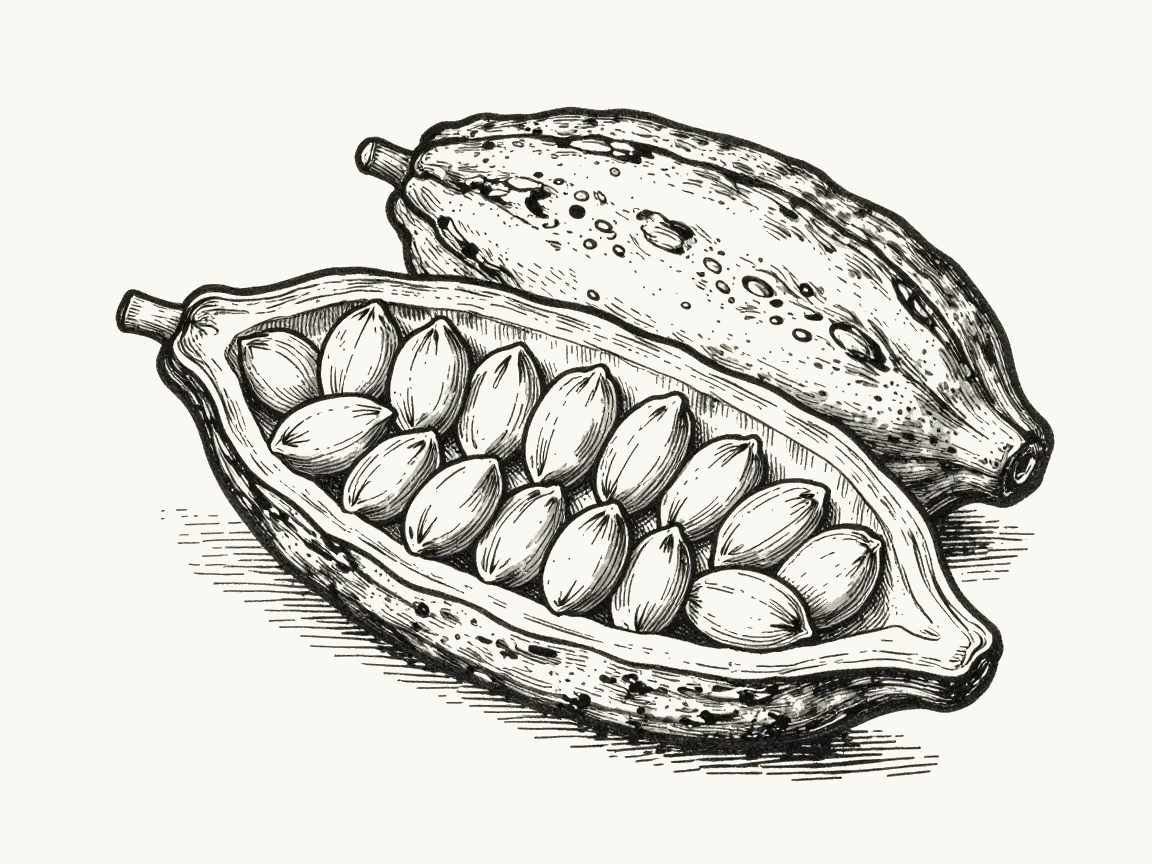 Ink line illustration of a split cacao pod beside a whole pod, showing the many small cacao beans packed inside