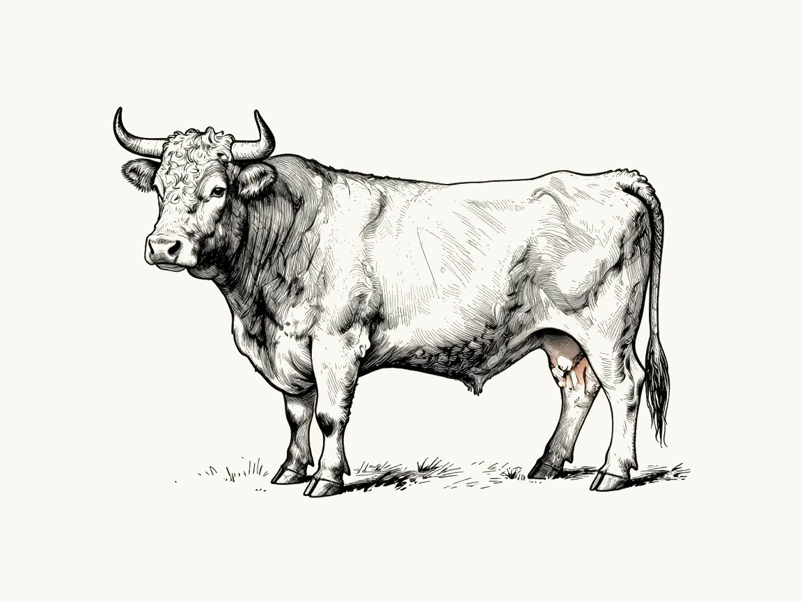 Ink line illustration of a Devon Ruby cattle bull in profile, showing its short curved horns and thick curly coat